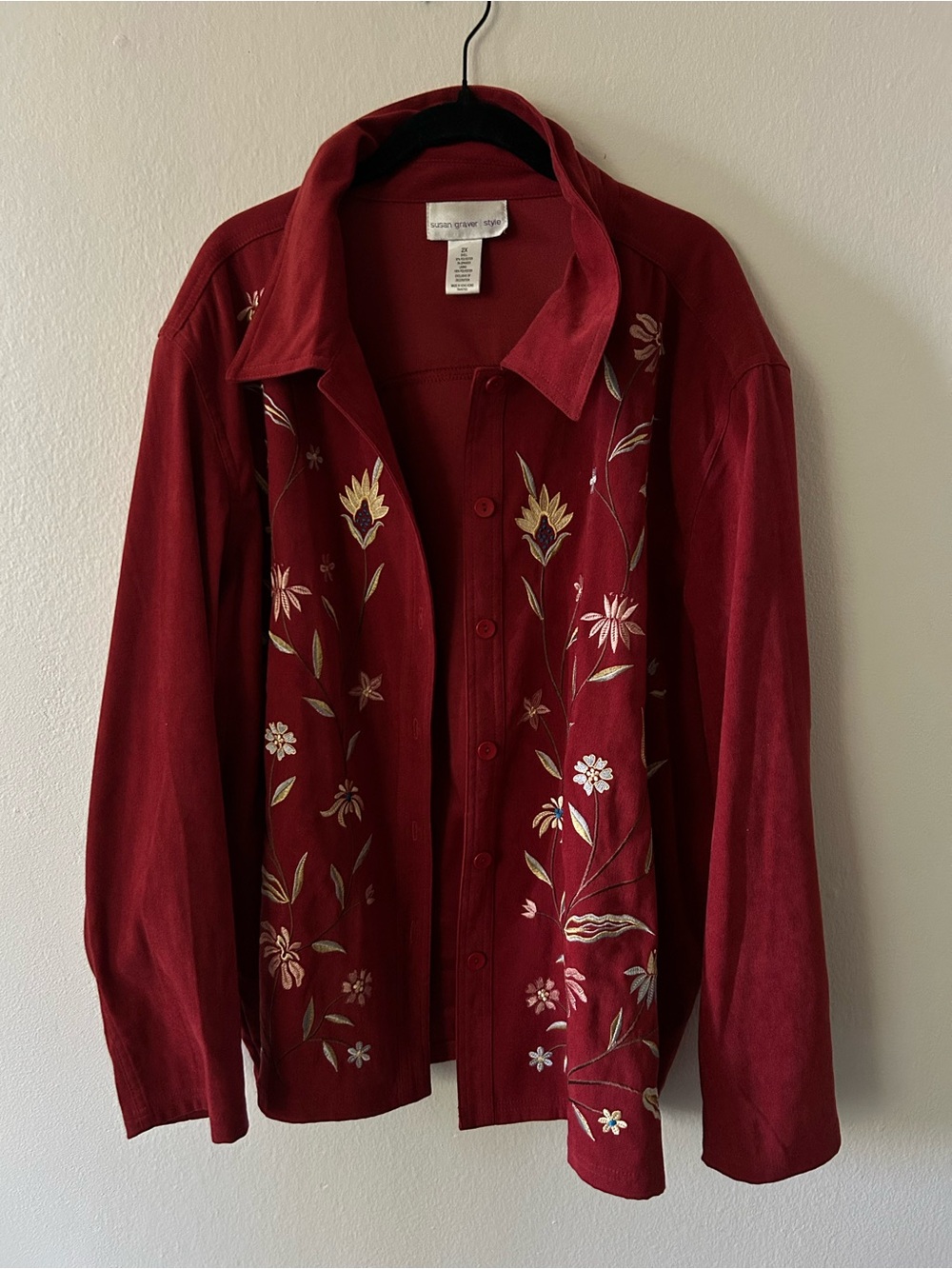Susan Graver Vintage Red Floral Embroidered Button-Front Jacket Boho Garden 2X